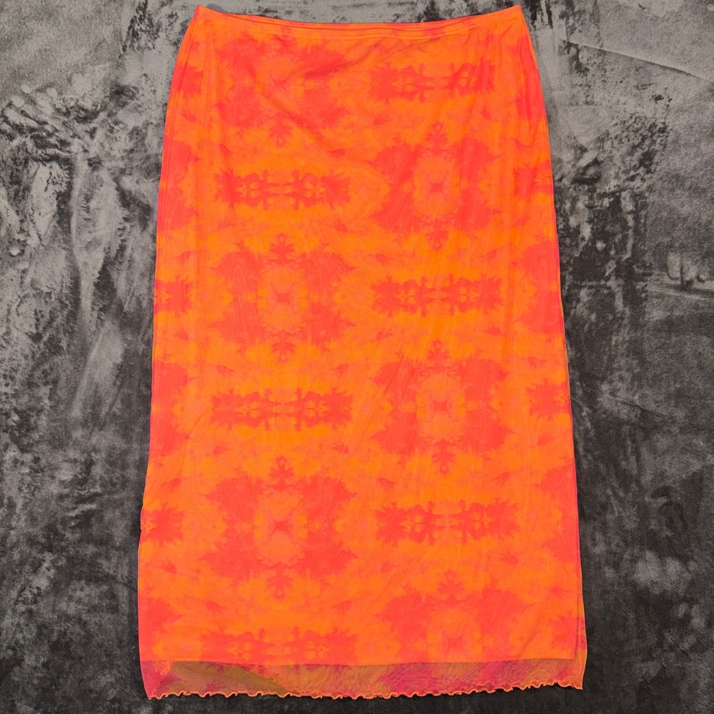 Giorgio Fiorlini Orange Red Tie Dye Mesh Maxi Skirt XL Lettuce Edge Column Skirt - Picture 2 of 10